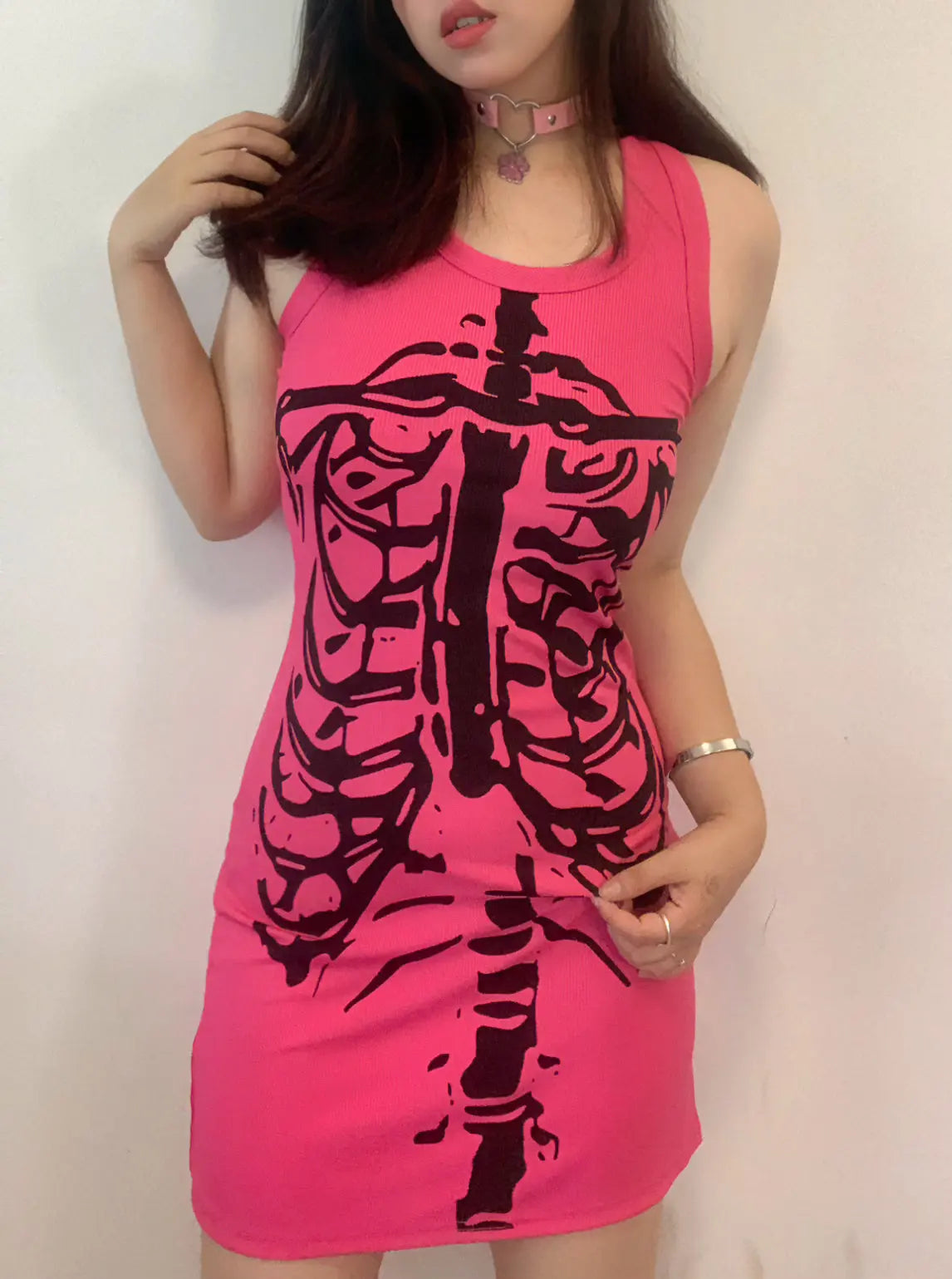 alielnosirrah-pink-body-y2k-skeleton-body-t-shirt-dress