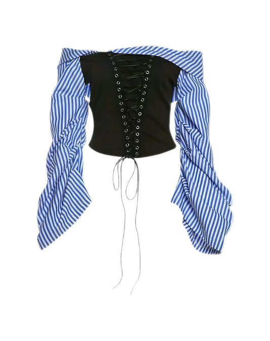 'Austin' Office Siren Striped Corset Long Sleeve Shirts AlielNosirrah