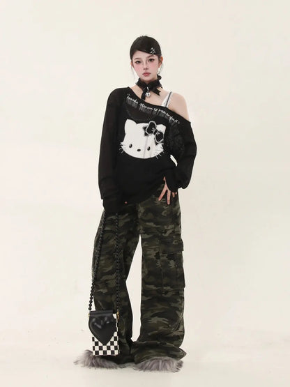 ‘Baddie Cat' Kitty Face Oversized Smock Sweater AlielNosirrah