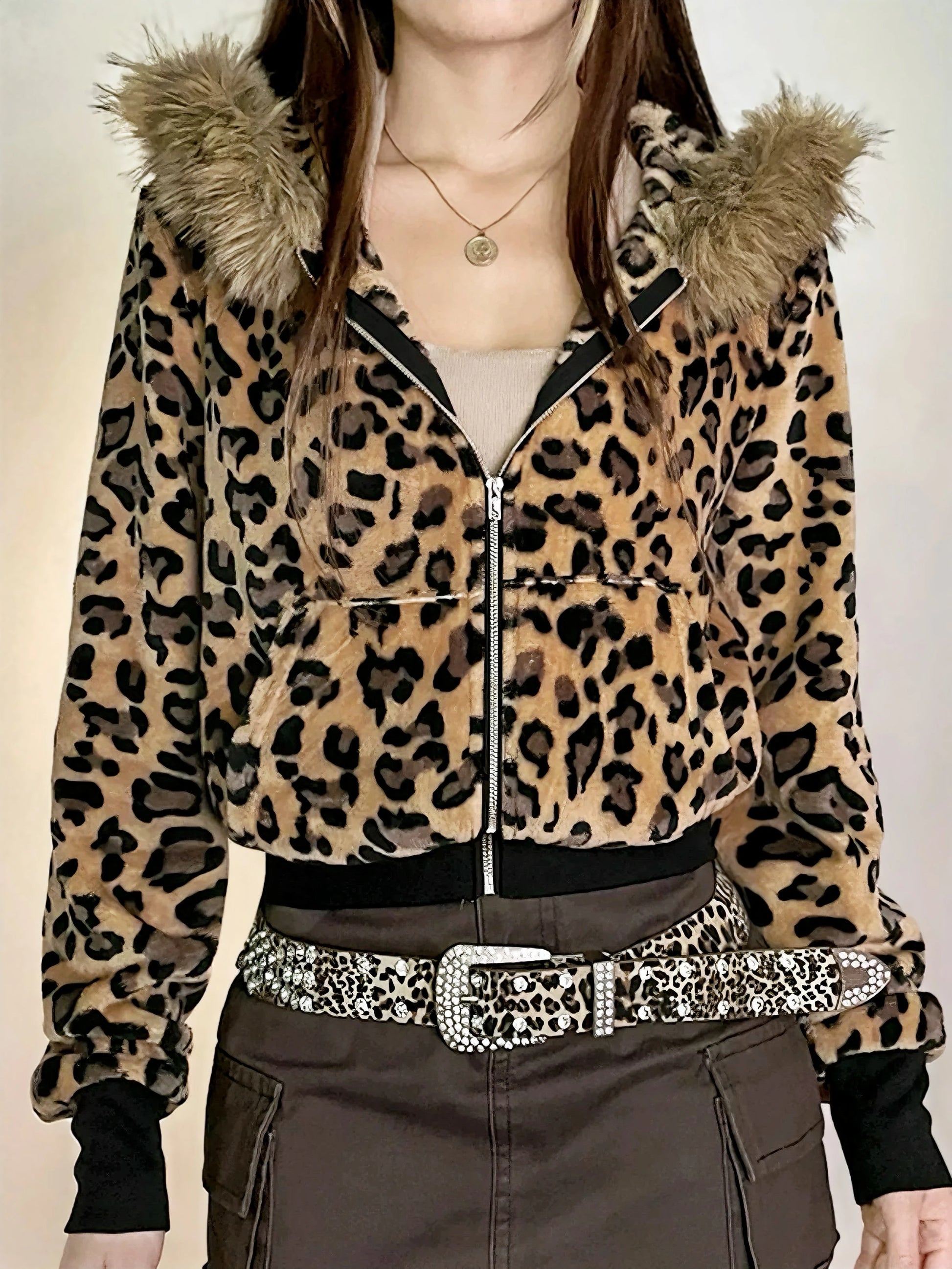 'Baddies' Y2k Cheetah Print Fluffy Hood Jacket AlielNosirrah