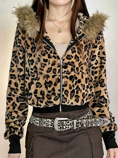 'Baddies' Y2k Cheetah Print Fluffy Hood Jacket AlielNosirrah