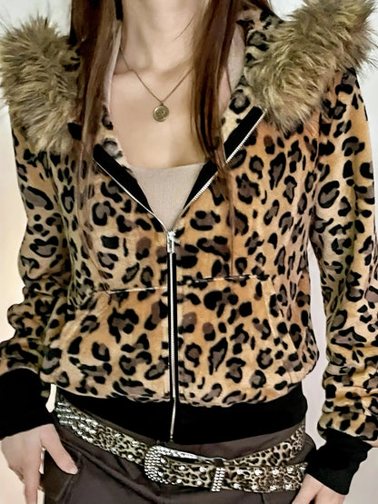 'Baddies' Y2k Cheetah Print Fluffy Hood Jacket AlielNosirrah