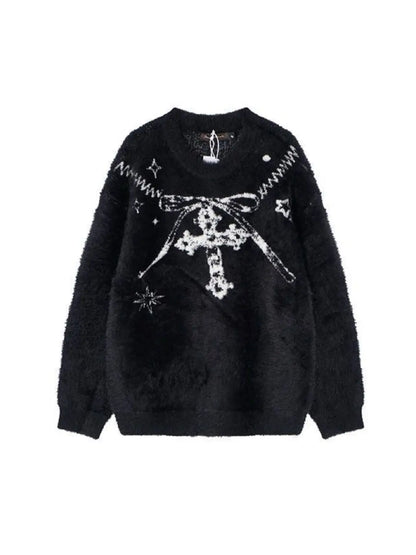 'Best Wish' Holiday Ribbon Cross Oversized Knitting Sweater AlielNosirrah