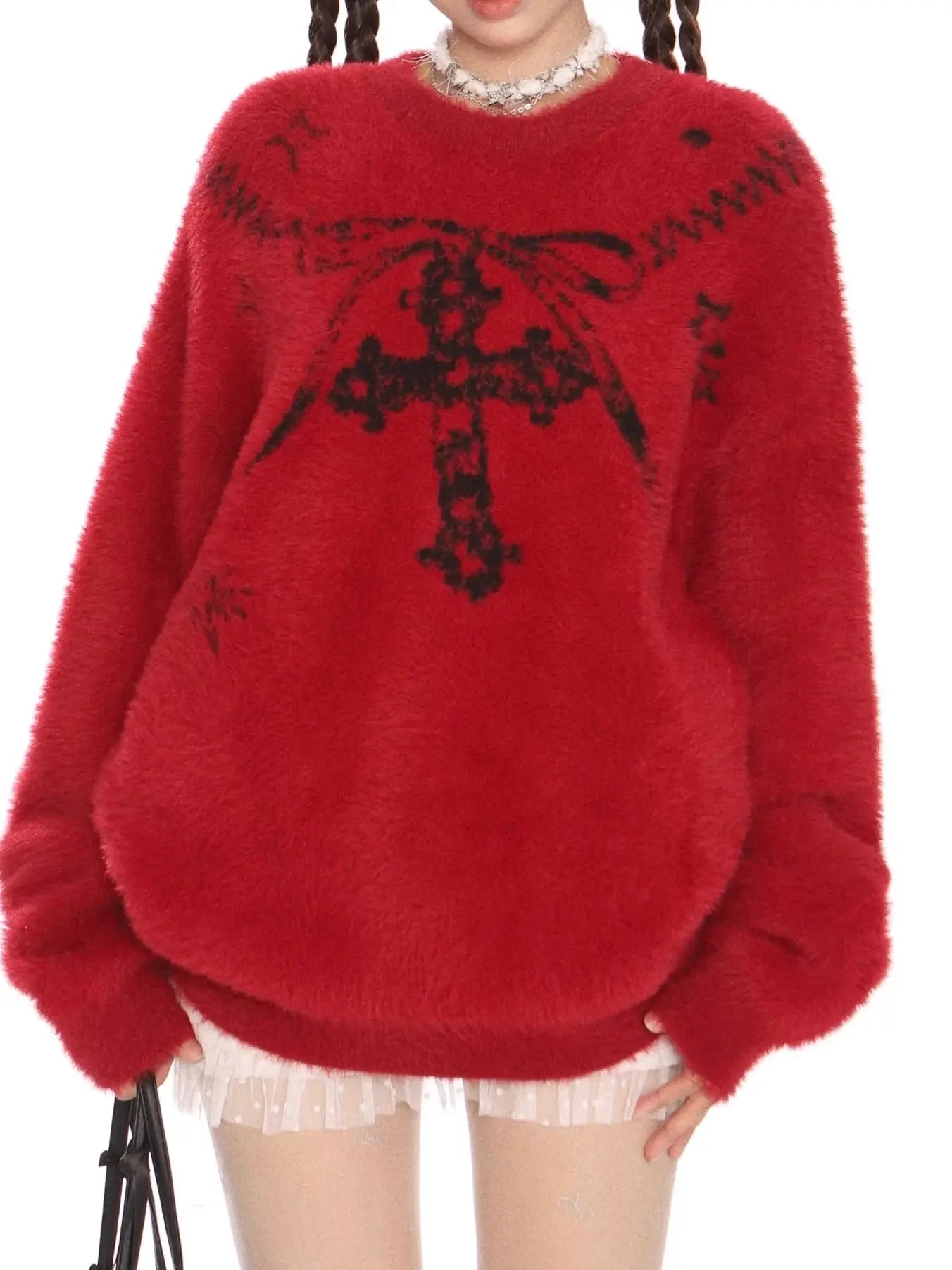 'Best Wish' Holiday Ribbon Cross Oversized Knitting Sweater AlielNosirrah