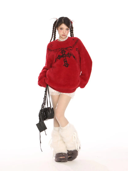 'Best Wish' Holiday Ribbon Cross Oversized Knitting Sweater AlielNosirrah