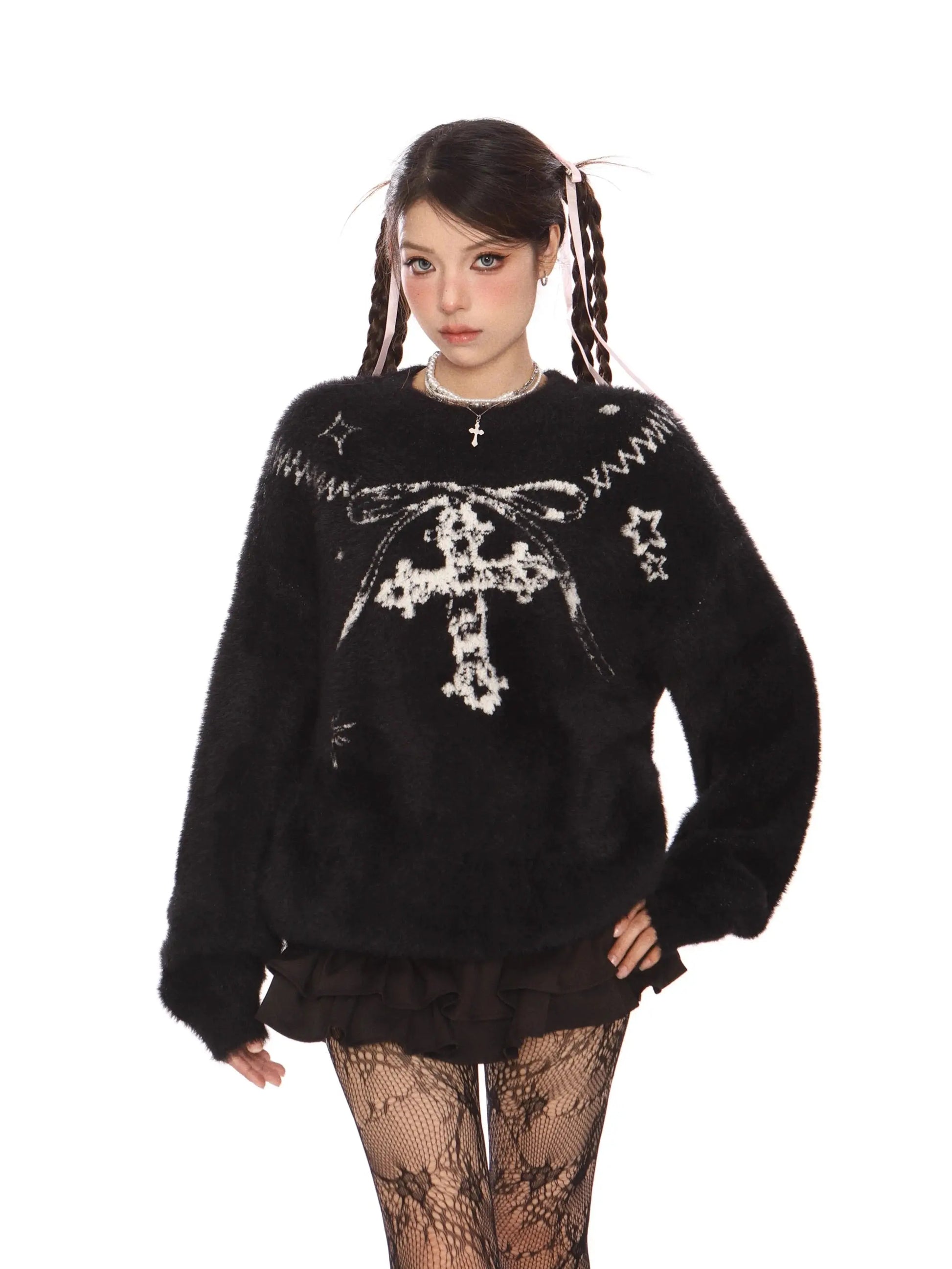 'Best Wish' Holiday Ribbon Cross Oversized Knitting Sweater AlielNosirrah