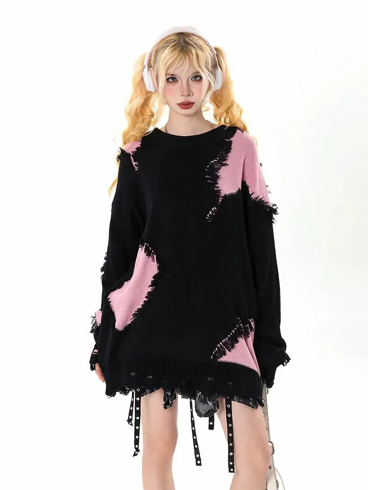 'Black Pink' Oversized Edgy Ripped Patchwork Sweater AlielNosirrah