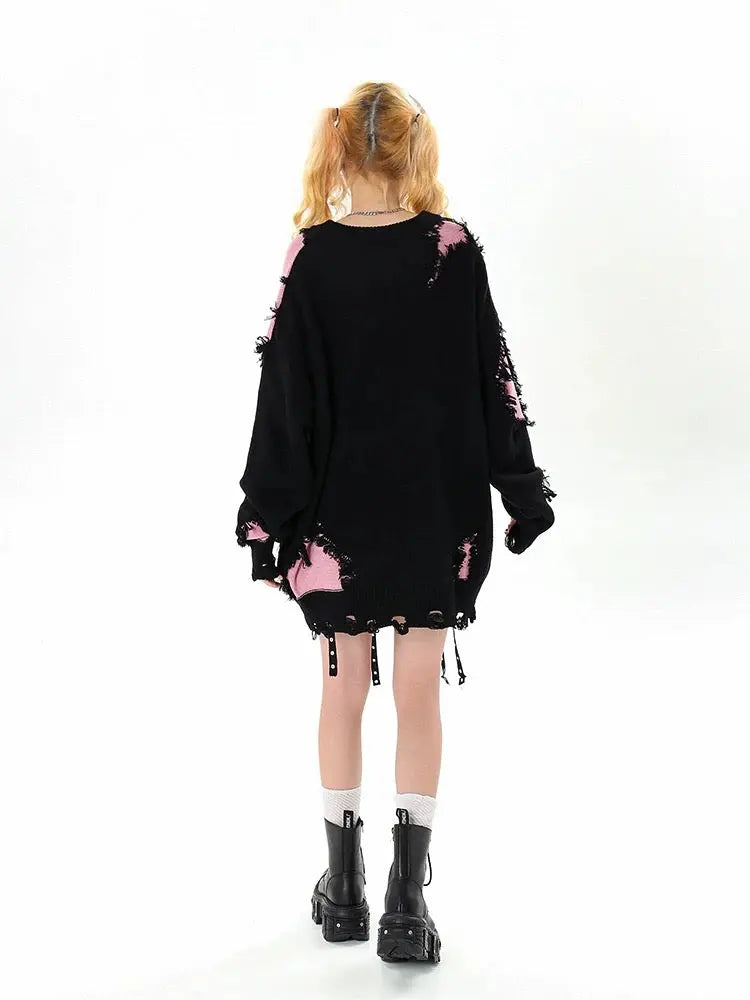 'Black Pink' Oversized Edgy Ripped Patchwork Sweater AlielNosirrah