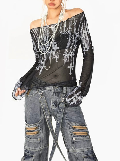 'Blight' Grunge Black & White See Through Dark Cross Mesh Shirts AlielNosirrah