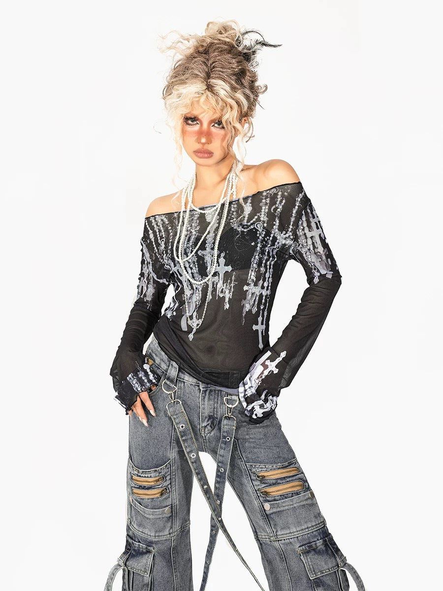 'Blight' Grunge Black & White See Through Dark Cross Mesh Shirts AlielNosirrah