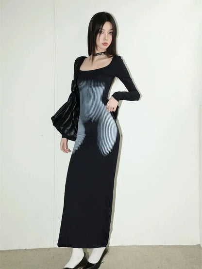 'Body Tea' Dark Sculpture Long Midi Black Sheath Dress AlielNosirrah