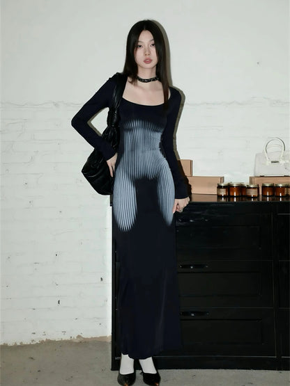 'Body Tea' Dark Sculpture Long Midi Black Sheath Dress AlielNosirrah