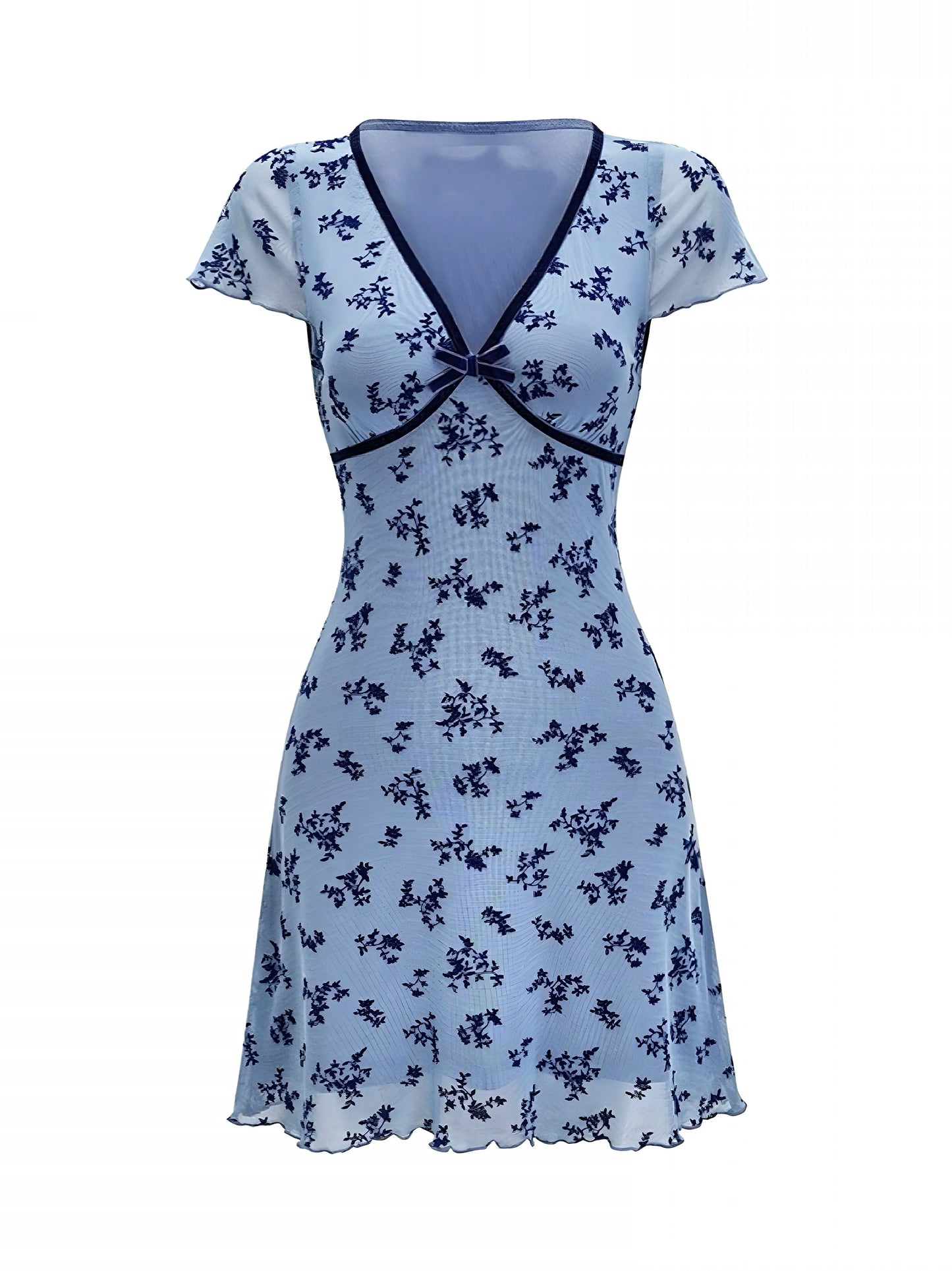 'Butterfly Pea' Coquette Ribbon V-Neck Floral Dress AlielNosirrah