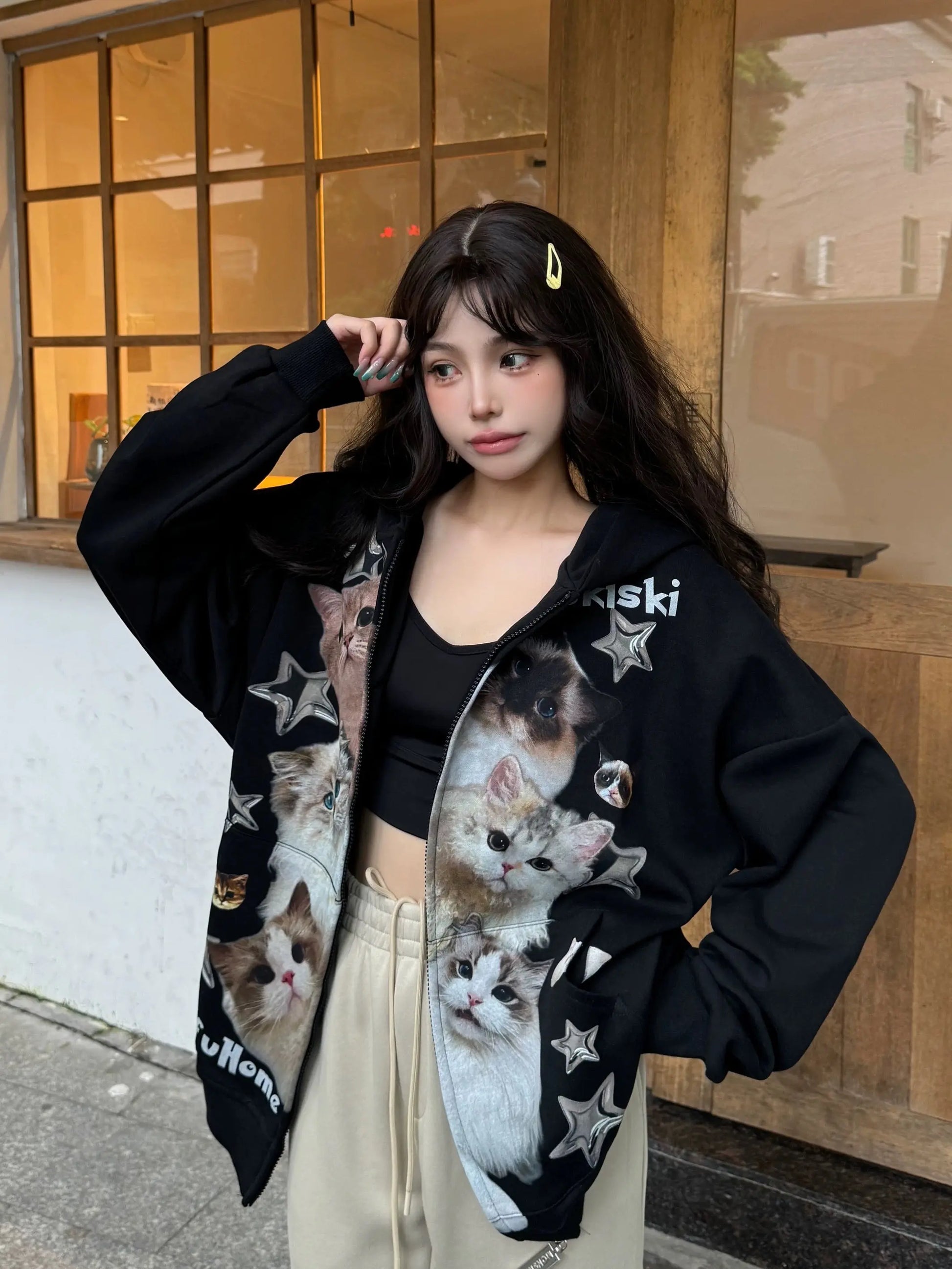 'Cat's Family' Y2k Kawaii Cat Prints Oversized  Hoodie AlielNosirrah