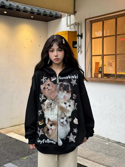 'Cat's Family' Y2k Kawaii Cat Prints Oversized  Hoodie AlielNosirrah