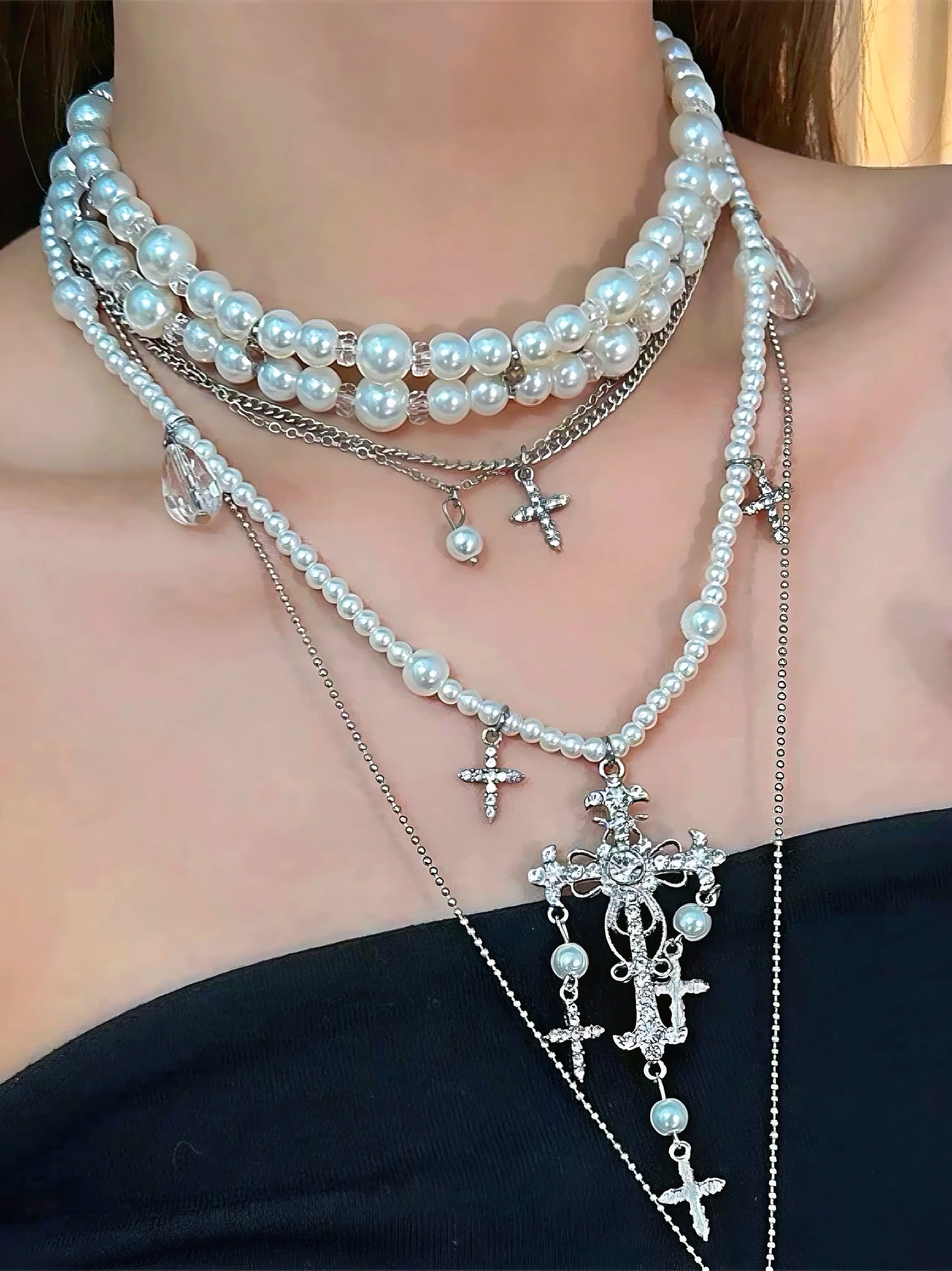 'Chandelier ' Baroque Layered Cross Beads Choker Necklace AlielNosirrah