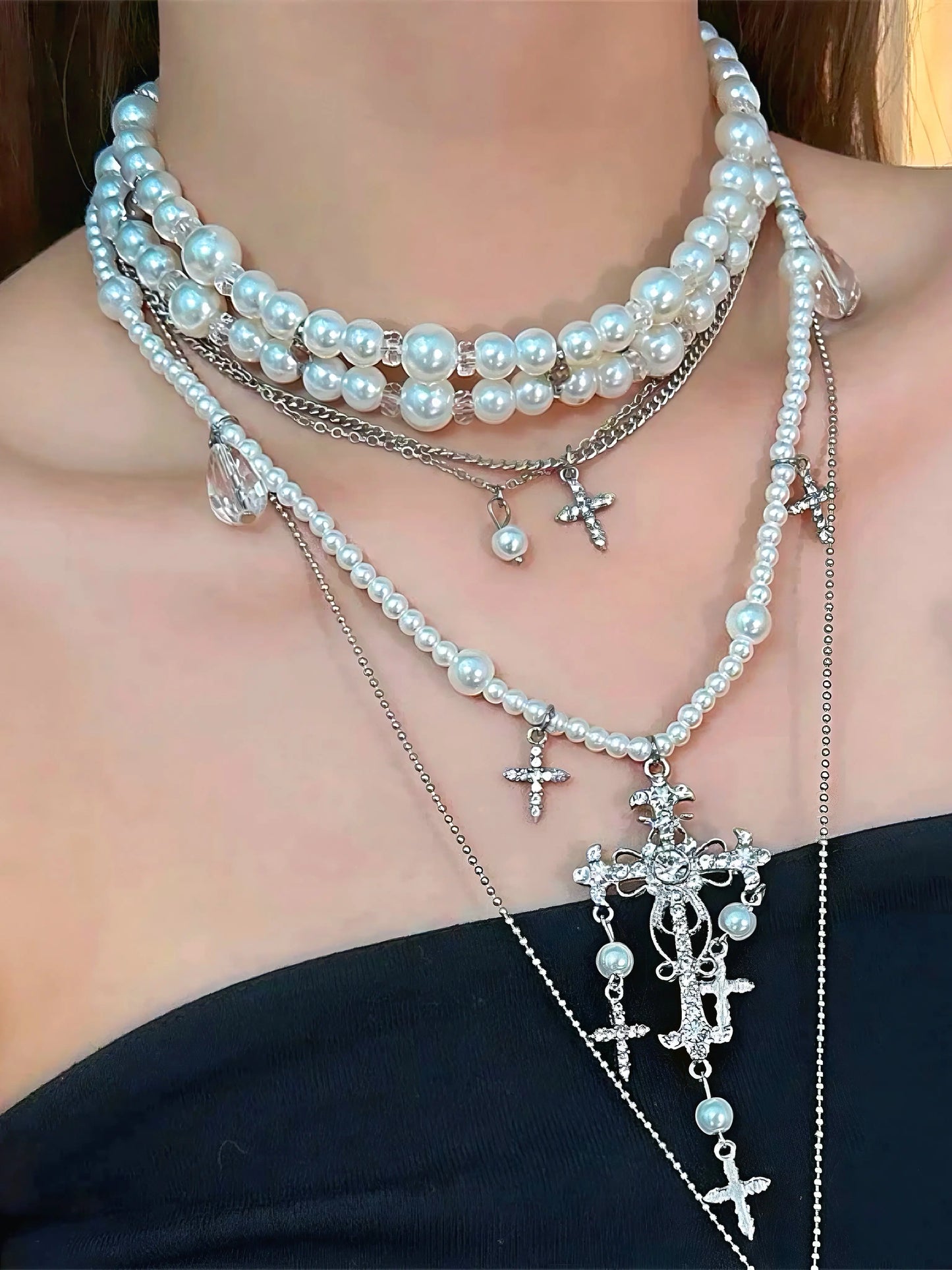 'Chandelier ' Baroque Layered Cross Beads Choker Necklace AlielNosirrah