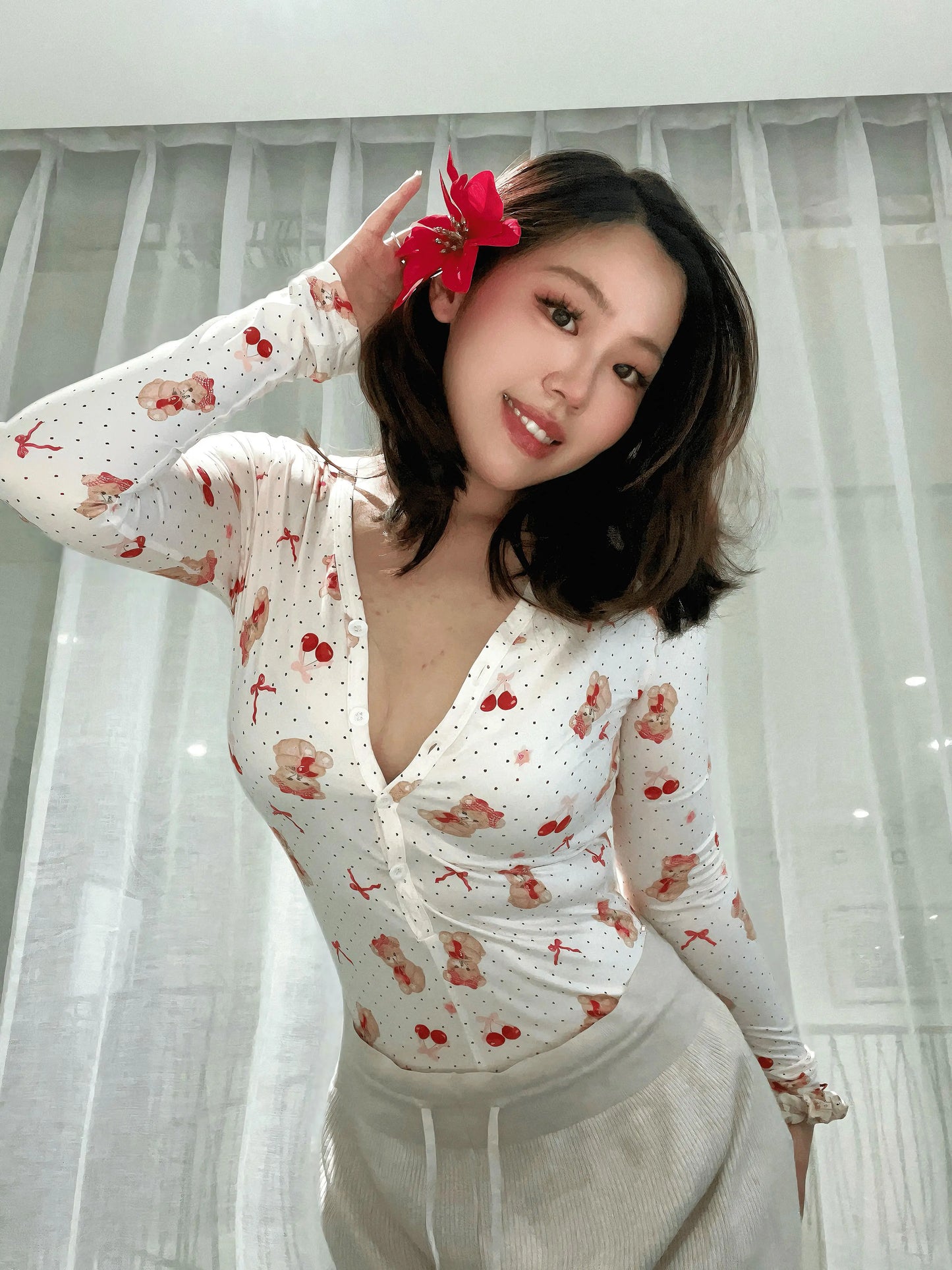 'Cherry Bear' Coquette Kawaii Bear Print Loungewear Bodysuit AlielNosirrah