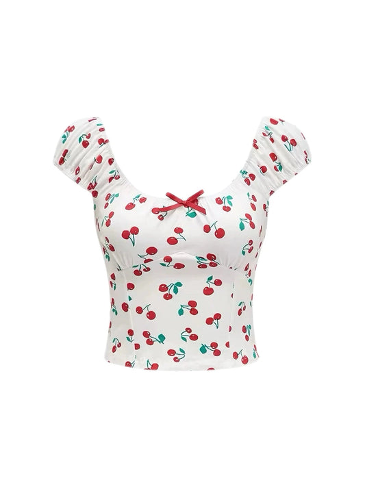 'Cherry Pie' Coquette Girl Cherry Crop Print Top AlielNosirrah