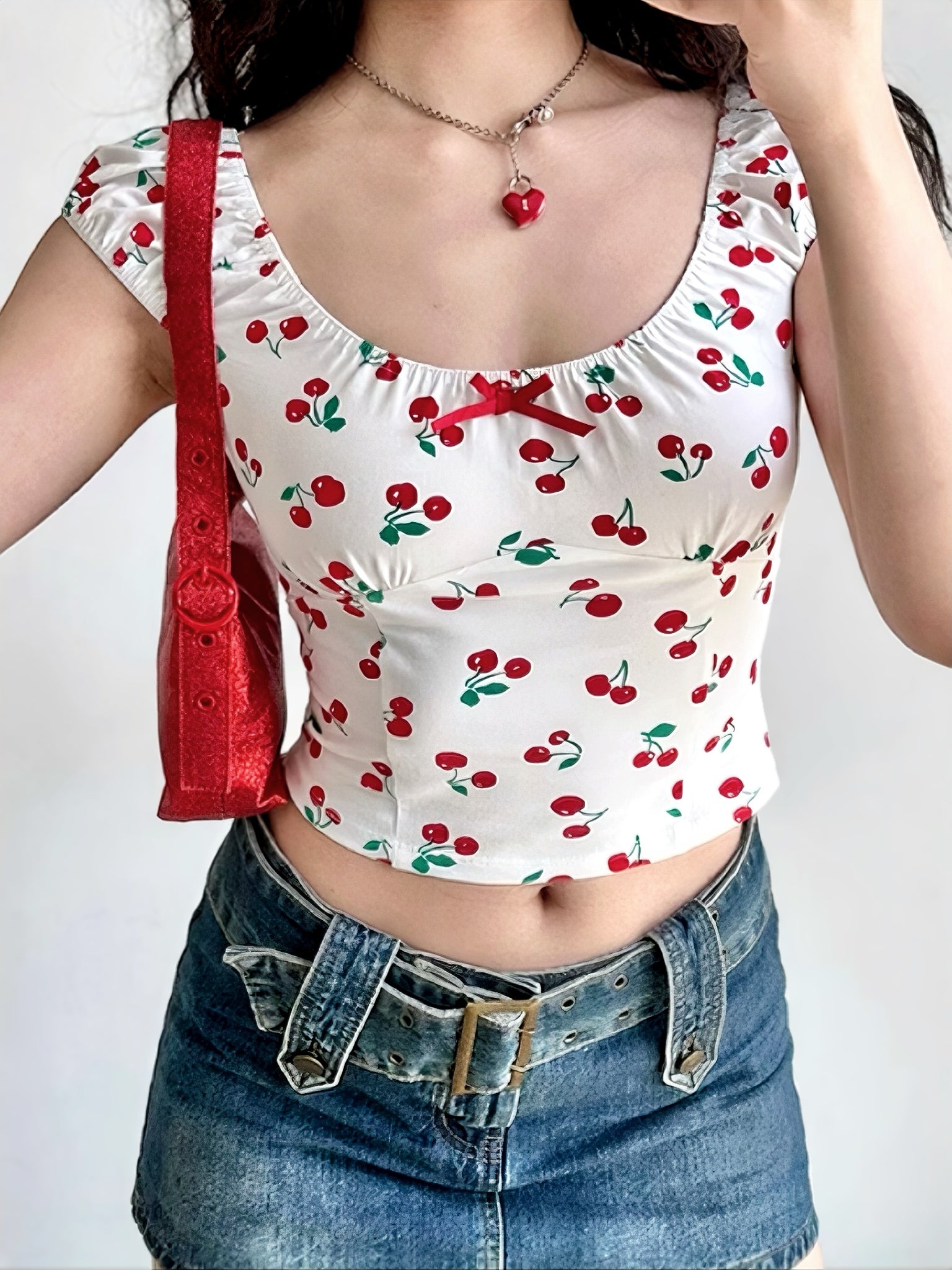 'Cherry Pie' Coquette Girl Cherry Crop Print Top AlielNosirrah