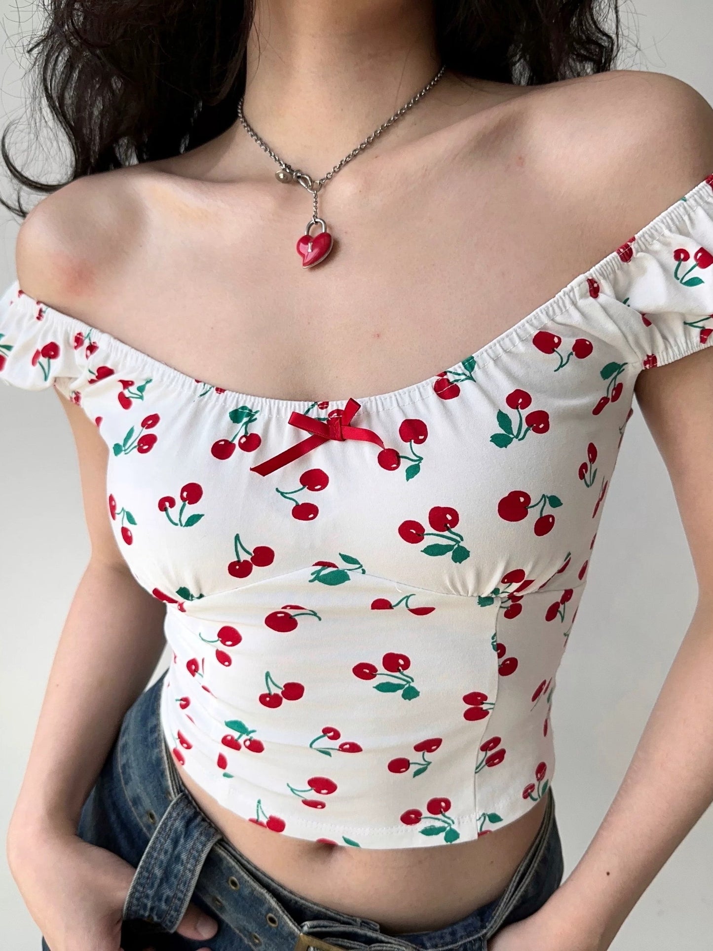 'Cherry Pie' Coquette Girl Cherry Crop Print Top AlielNosirrah