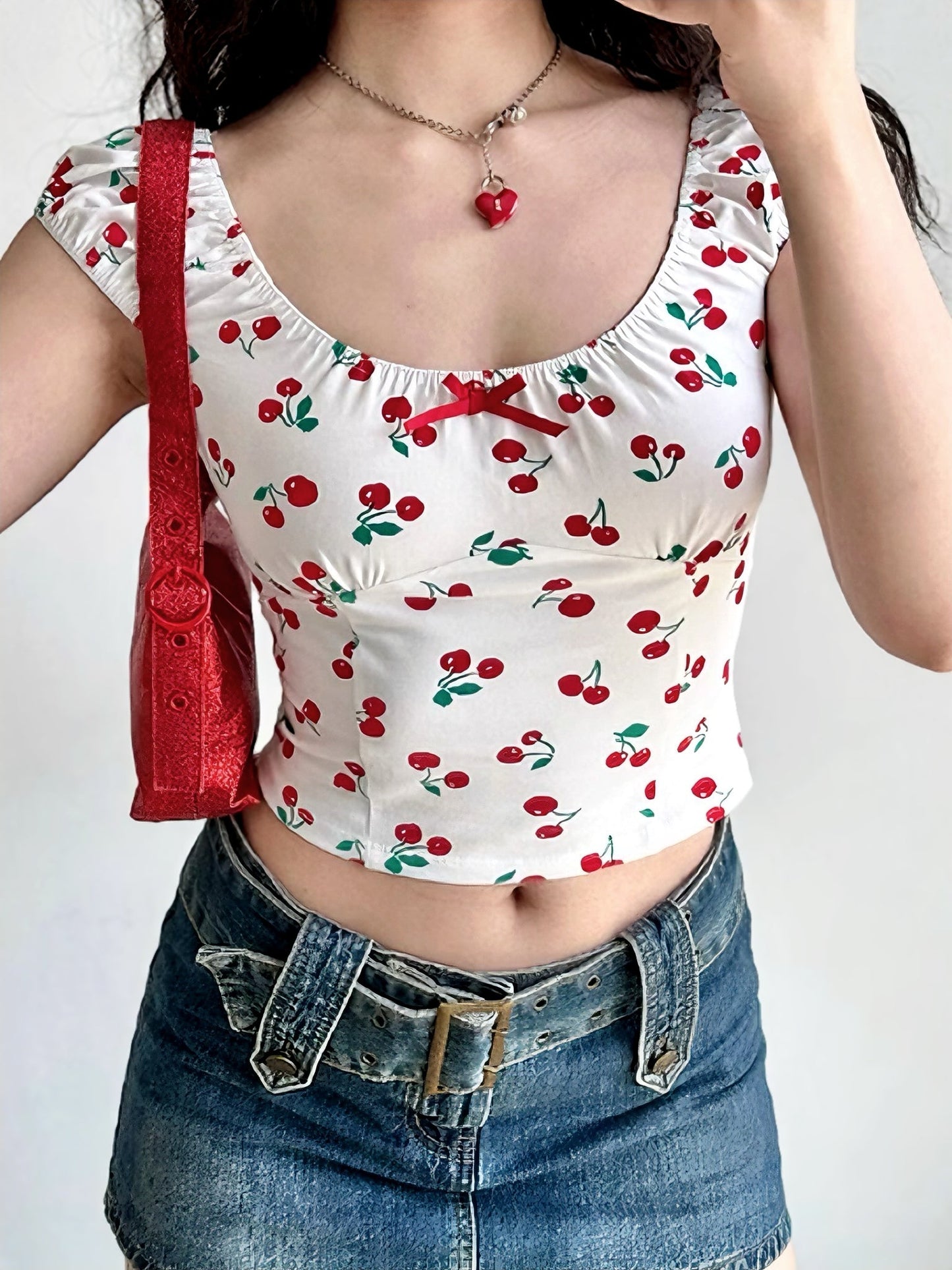 'Cherry Pie' Coquette Girl Cherry Crop Print Top AlielNosirrah