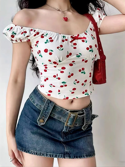 'Cherry Pie' Coquette Girl Cherry Crop Print Top AlielNosirrah