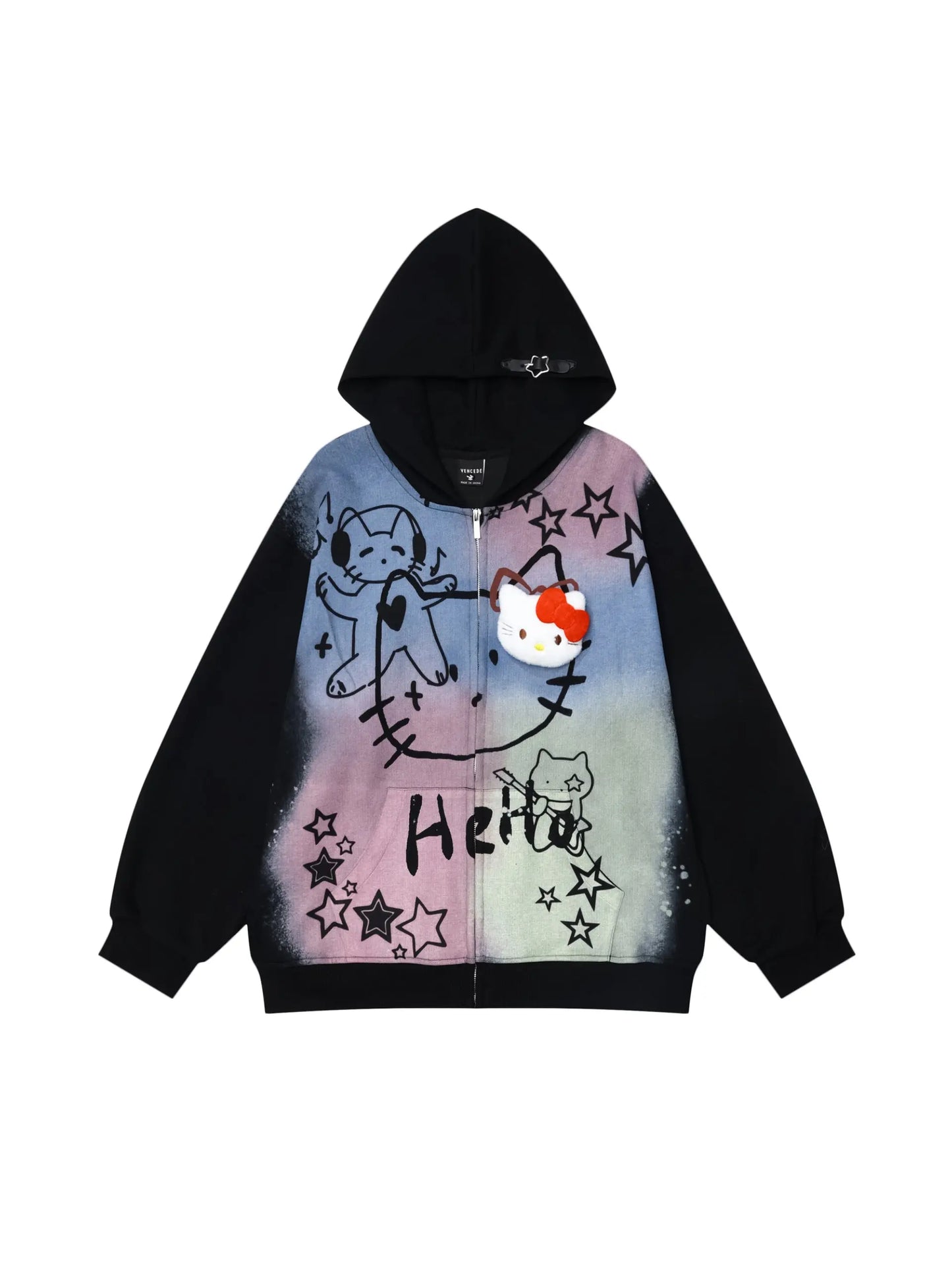 'Child Dream' Graffiti Kitty Print Color Contrast Hoodie Jacket AlielNosirrah