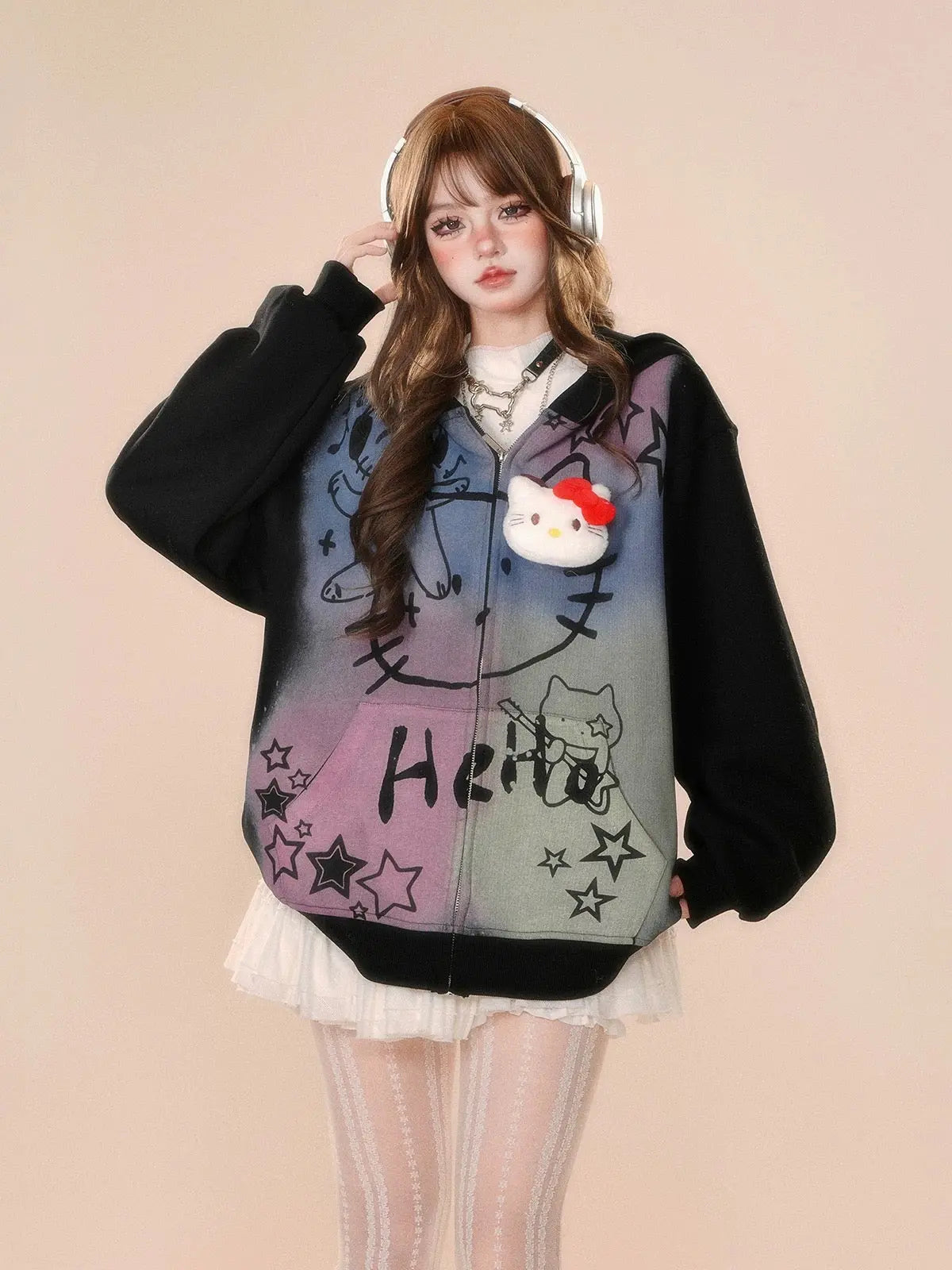 'Child Dream' Graffiti Kitty Print Color Contrast Hoodie Jacket AlielNosirrah