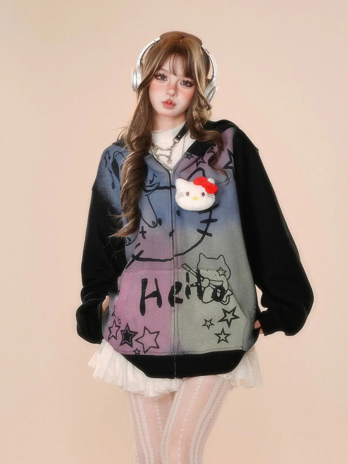 'Child Dream' Graffiti Kitty Print Color Contrast Hoodie Jacket AlielNosirrah