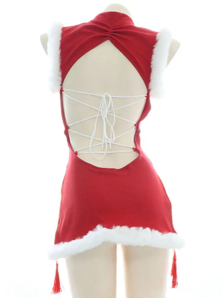 AlielNosirrah- 'Chun-Li' Red Fluffy Hem Split Costume Dress