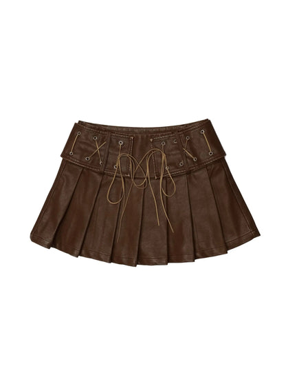 'Coffee' Wasteland Leather Lace Up Pleated Skirt AlielNosirrah