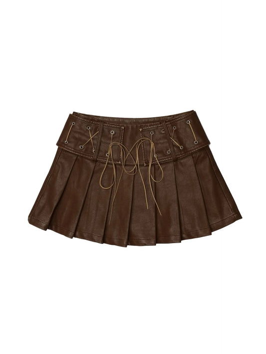 'Coffee' Wasteland Leather Lace Up Pleated Skirt AlielNosirrah