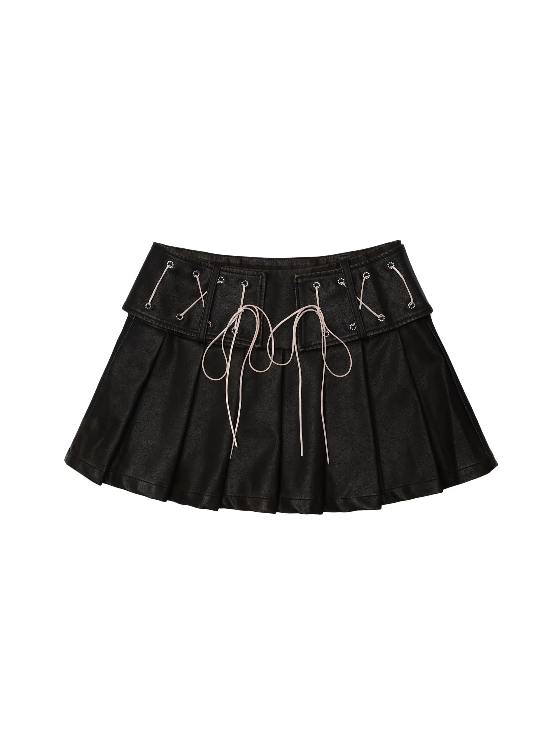 'Coffee' Wasteland Leather Lace Up Pleated Skirt AlielNosirrah