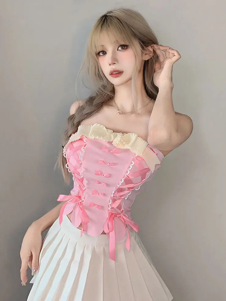 'Cream Pudding' Pink Lace-Up Bowtie Tube Top AlielNosirrah