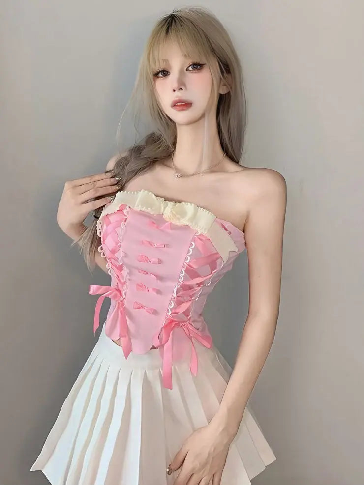 'Cream Pudding' Pink Lace-Up Bowtie Tube Top AlielNosirrah