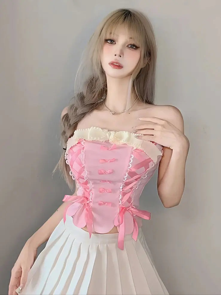 'Cream Pudding' Pink Lace-Up Bowtie Tube Top AlielNosirrah