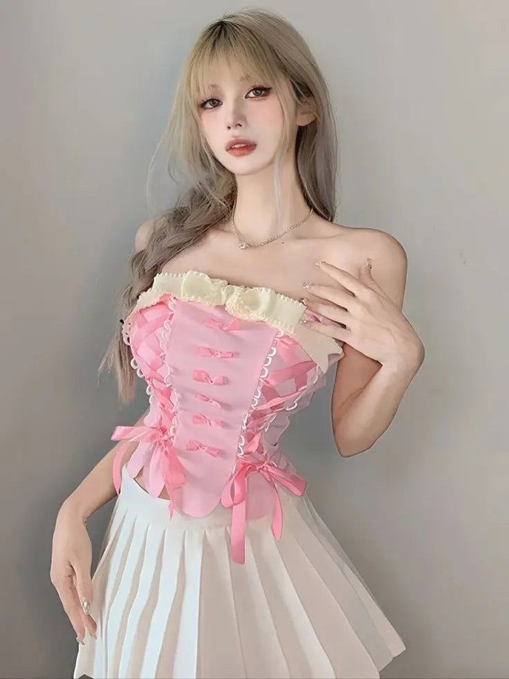 'Cream Pudding' Pink Lace-Up Bowtie Tube Top AlielNosirrah