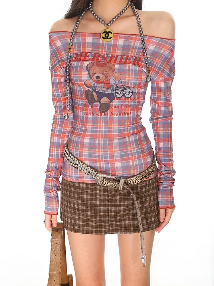 'Dessert Shop' Y2k Cute Checked Bear Pattern Shirts AlielNosirrah