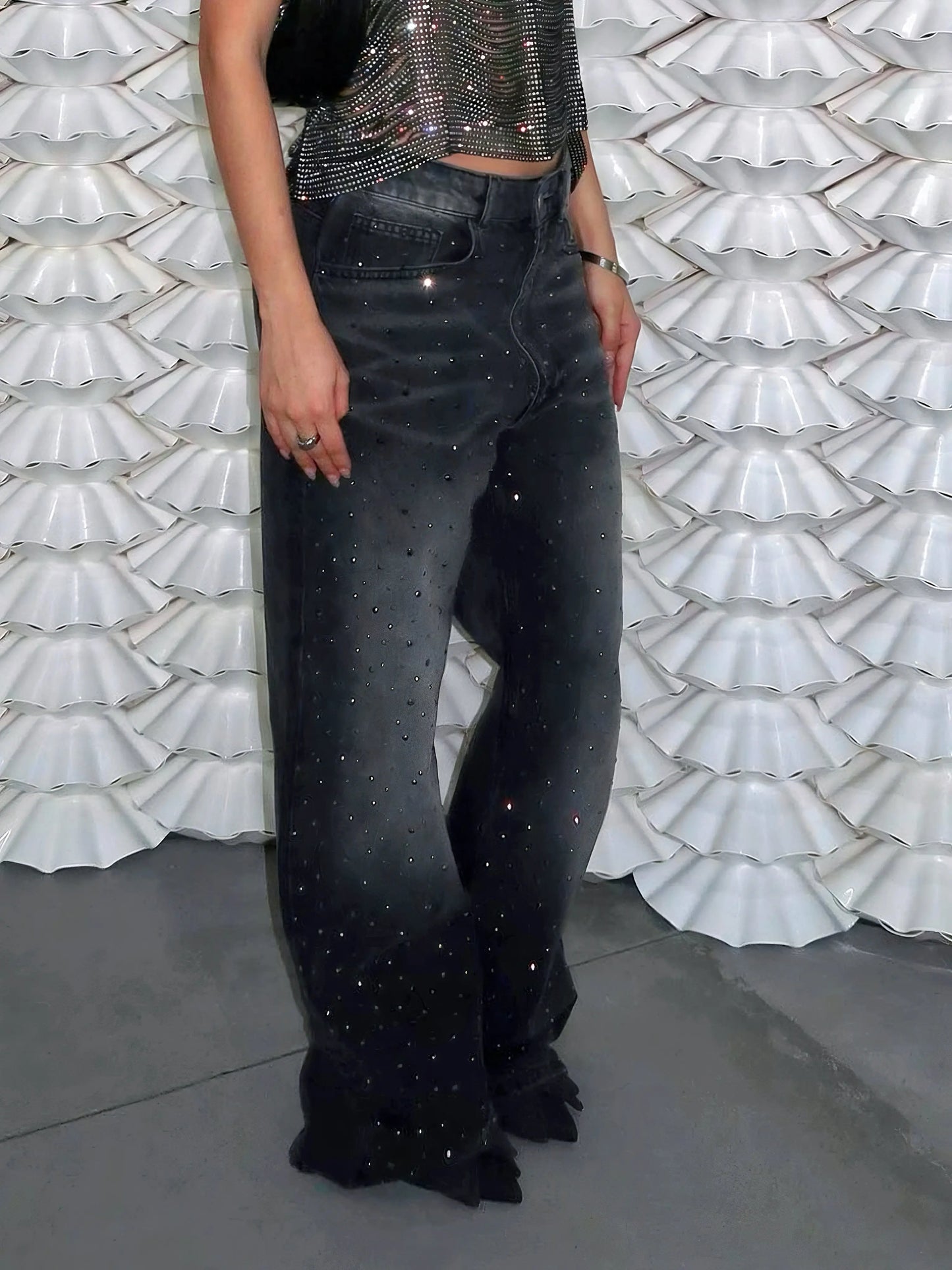 'Diamond Glaze' Shinning Rhinestone Oversized Denim Pants AlielNosirrah