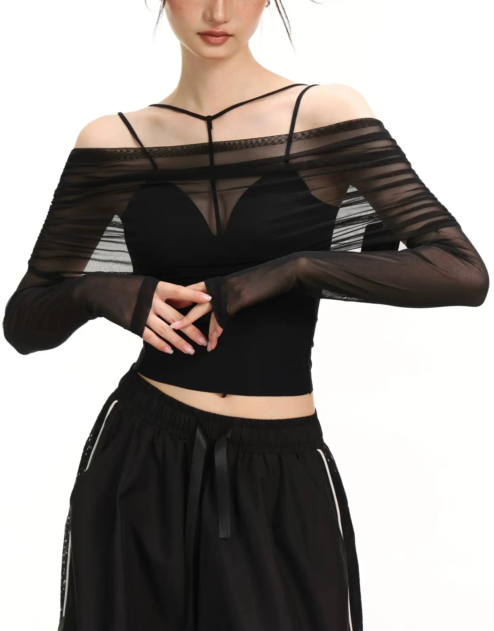 'Dim Lights' Dark Off Shoulder Cross Strap See Trough 2pcs Top AlielNosirrah