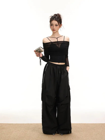 'Dim Lights' Dark Off Shoulder Cross Strap See Trough 2pcs Top AlielNosirrah