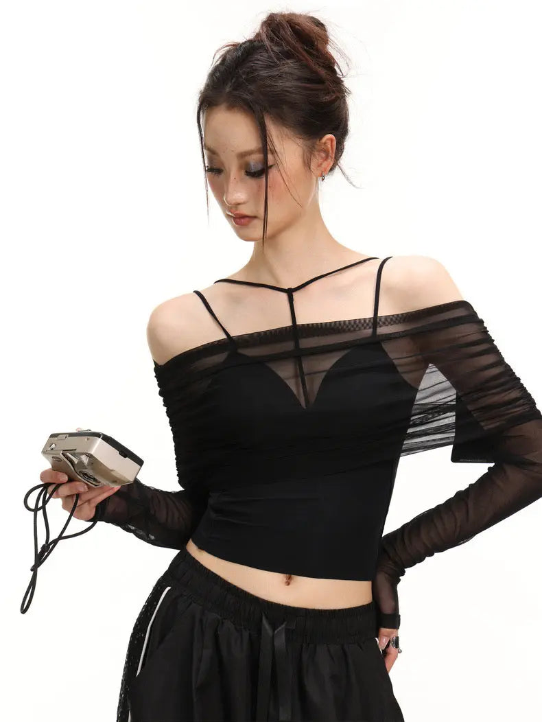 'Dim Lights' Dark Off Shoulder Cross Strap See Trough 2pcs Top AlielNosirrah