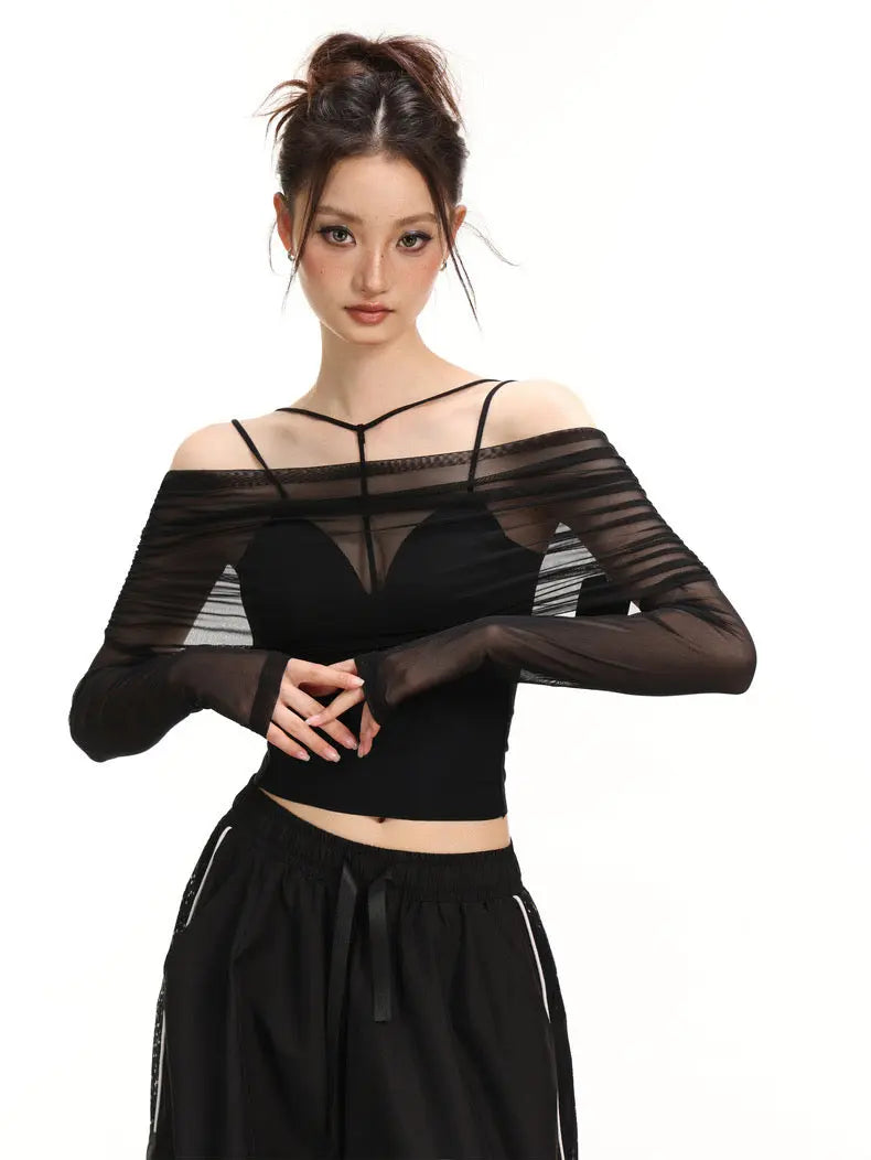 'Dim Lights' Dark Off Shoulder Cross Strap See Trough 2pcs Top AlielNosirrah