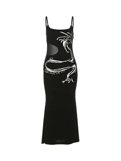 'Dragon Song' Dark Mesh Sheath Dragon Print Midi Dress AlielNosirrah