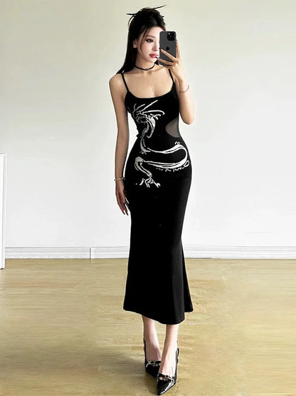 'Dragon Song' Dark Mesh Sheath Dragon Print Midi Dress AlielNosirrah