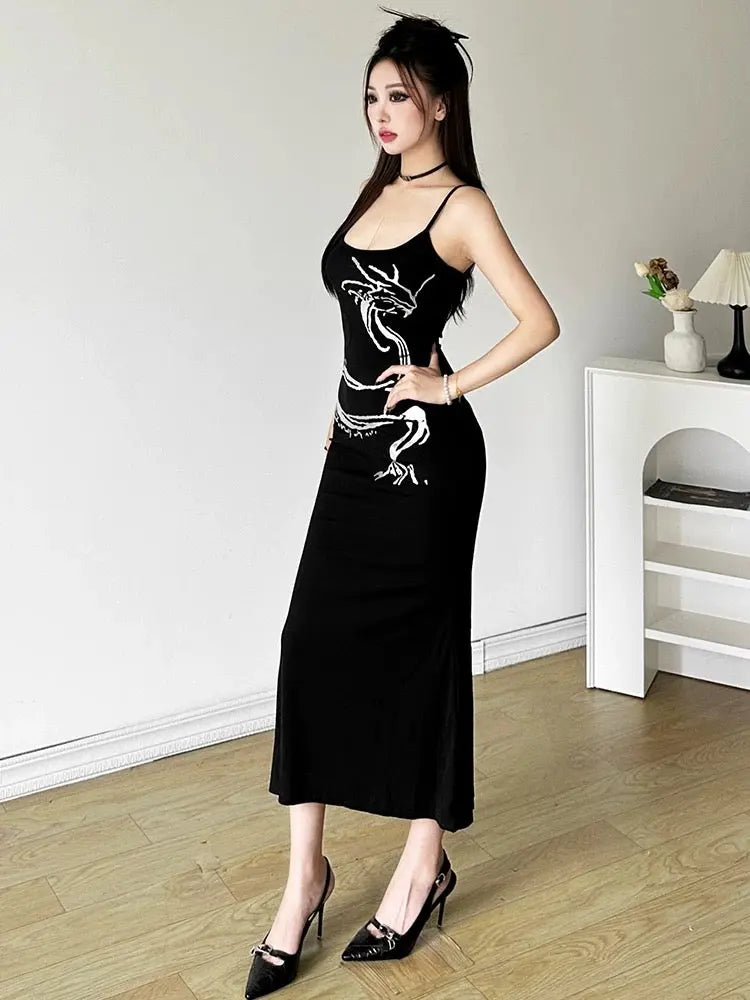 'Dragon Song' Dark Mesh Sheath Dragon Print Midi Dress AlielNosirrah