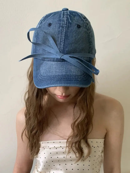 'ETA' Y2k Denim Ribbon Sun Block Baseball Cap AlielNosirrah