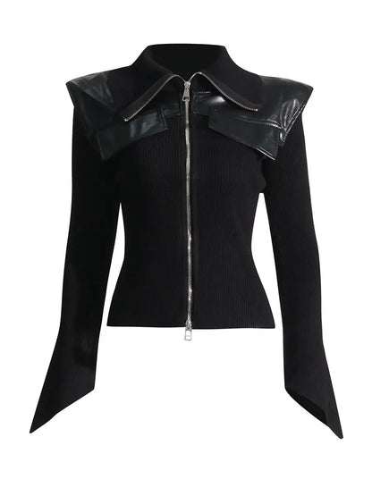 'Empire' Dark Turn-down Collar Knitted Leather Patchwork Jacket AlielNosirrah