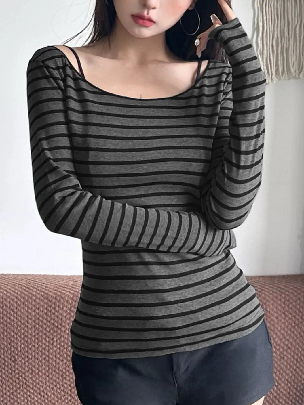 'Faded Time' Fall Acubi Striped Long Sleeve Off Shoulder Top AlielNosirrah